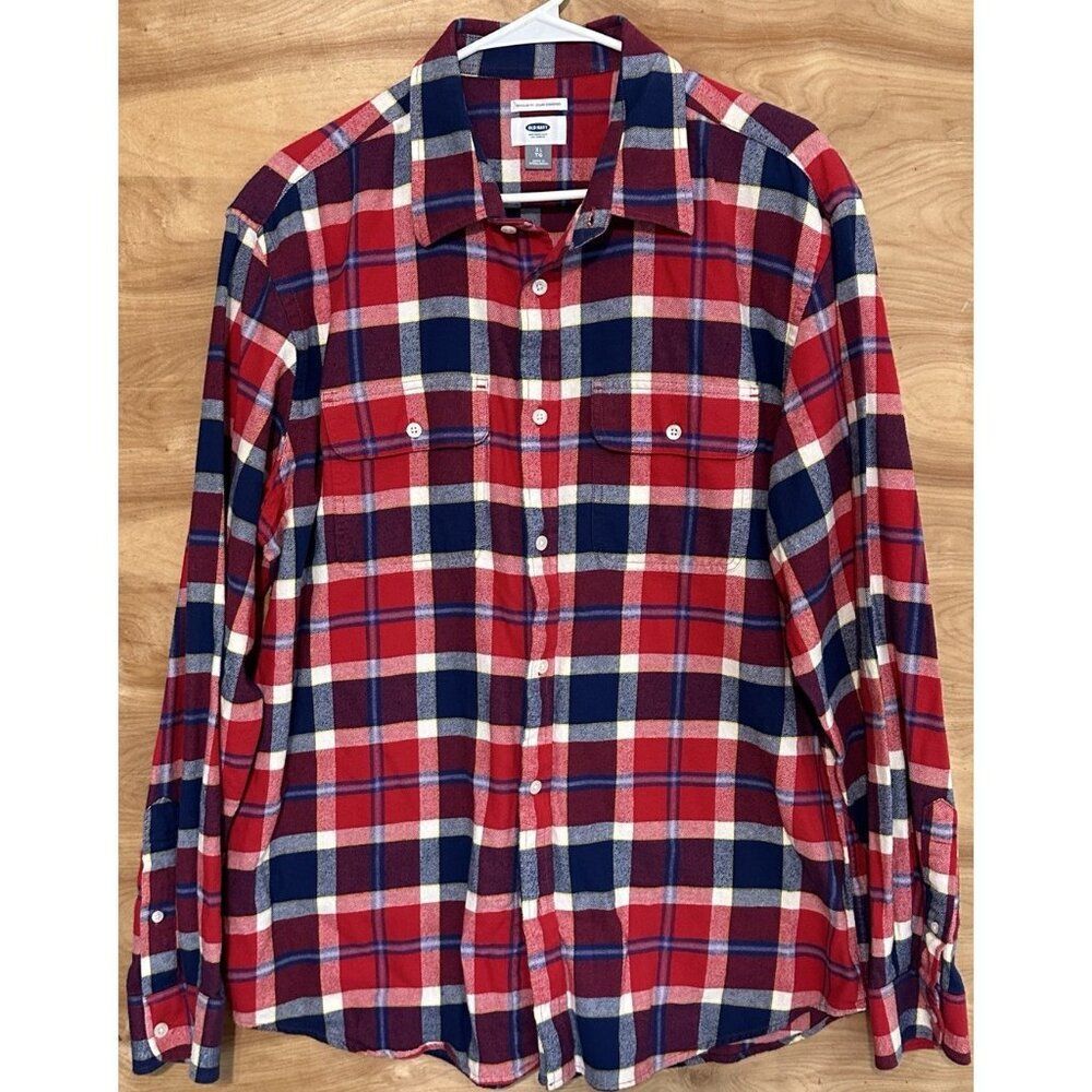 Old Navy Men XL Flannel Button Front Shirt Red Blue Plaid Regular Fit Pocket